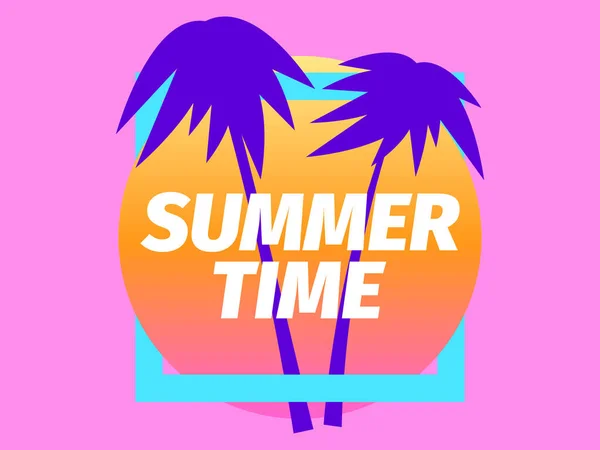 夏天的时候紫色的棕榈树 背景是渐变橙色的太阳 蓝色的框架 粉色的背景 合成波和逆波风格 矢量说明 — 图库矢量图片