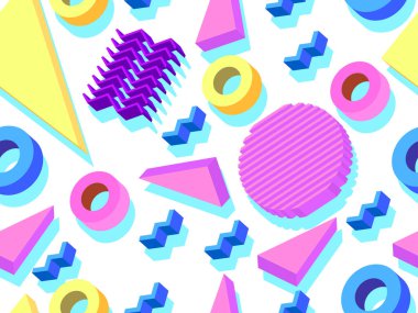 80 'lerin tarzı, gölgeli 3 boyutlu geometrik şekiller, Memphis tarzı elementler. Ambalaj kağıdı, reklam malzemeleri ve kumaşlar için geometrik kusursuz desen. Çağdaş sanat. Vektör illüstrasyonu 