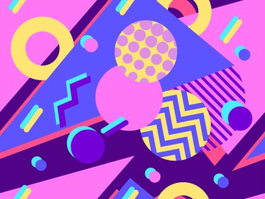 80 'lerden kalma Memphis tarzında, geometrik, pürüzsüz desen. Zigzag ve geometrik şekilli daireler. Ambalaj kağıdı, reklam malzemeleri ve kumaşlar için arka plan. Vektör illüstrasyonu