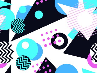 80 'lerin geometrik kusursuz deseni. Memphis tarzı elementler. Zigzag ve geometrik şekilli daireler. Ambalaj kağıdı, reklam malzemeleri ve kumaşlar için arka plan. Vektör illüstrasyonu
