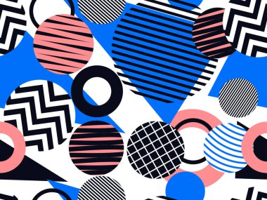 80 'lerin geometrik kusursuz deseni. Memphis tarzı elementler. Zigzag ve geometrik şekilli daireler. Ambalaj kağıdı, reklam malzemeleri ve kumaşlar için arka plan. Vektör illüstrasyonu