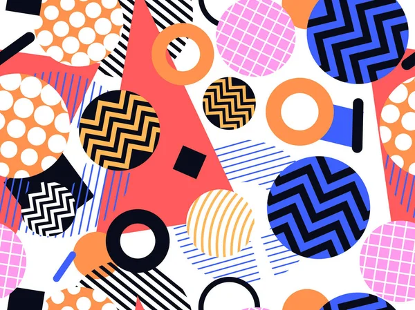 80年代の幾何学的なシームレスパターン メンフィススタイルの要素 ジグザグと幾何学的な形状の円 包装紙 広告材料や生地の背景 ベクターイラスト — ストックベクタ