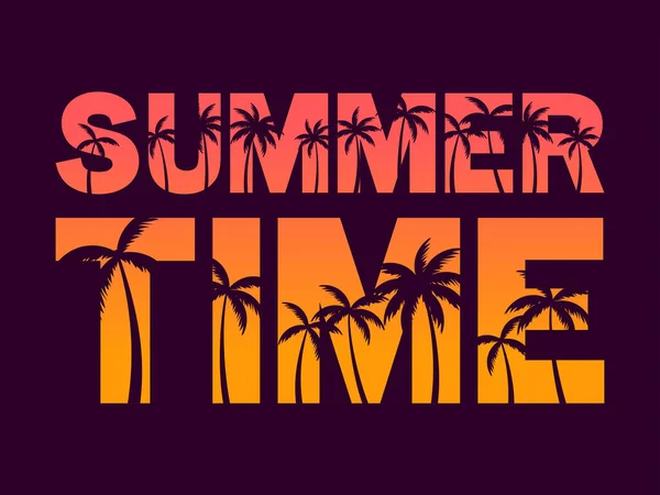 Καλοκαίρι Κείμενο Φοίνικες Ένα Ηλιοβασίλεμα 80S Retro Design Για Banner — Διανυσματικό Αρχείο