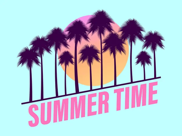 夏天的时候80年代风格的棕榈树在渐变的太阳下生长 蓝色背景上的对角线文字 设计广告小册子 旅行社 矢量说明 — 图库矢量图片