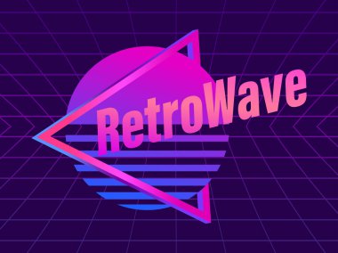 80 'lerin retro güneşi üçgen bir çerçevede. Sentetik dalga ve retrodalga tarzı. Şebeke sanal gerçekliği. Afişler ve posterler için geçmişe dönük fütüristik arka plan. Vektör illüstrasyonu