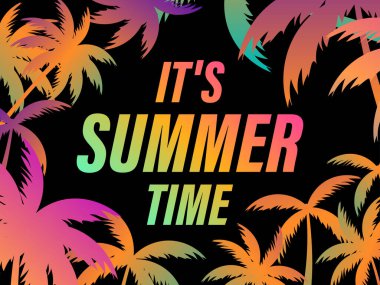Yaz mevsimindeyiz, palmiye yaprağı afiş tasarımı. Afiş, poster ve parti davetiyeleri için palmiye yapraklarının arkaplanındaki yazı. Vektör illüstrasyonu