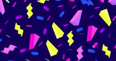 80 'lerin tarzında geometrik desen. Üç boyutlu geometrik şekiller bir döngü içinde döner. Hareket animasyonunu büyüt ve büyüt. Yatay bileşim, 4k video kalitesi