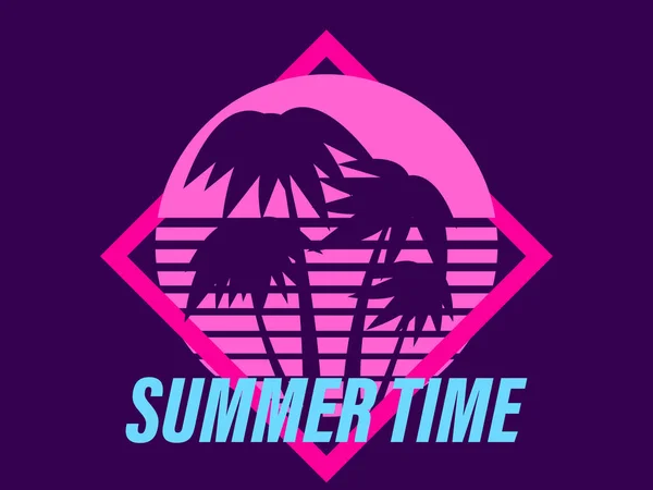 Palmbomen Uit Jaren Bij Zonsondergang Zomertijd Retro Futuristische Zon Synthwave — Stockvector