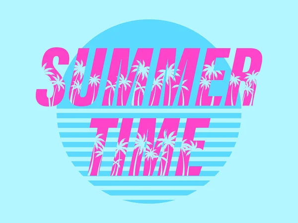 Summer Time Text Palm Trees Sunset 80S Retro Design Banner — Stock Vector