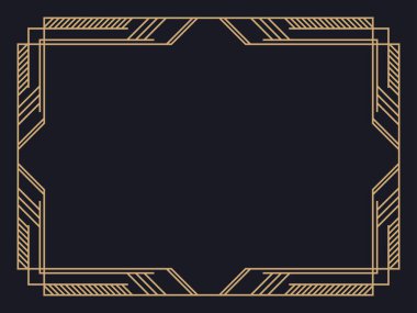 Art deco çerçeve. Klasik doğrusal sınır. Davetiyeler, broşürler ve tebrik kartları için bir şablon tasarla. Geometrik altın çerçeveli. 1920 'lerin tarzı - 1930' lar. Vektör illüstrasyonu