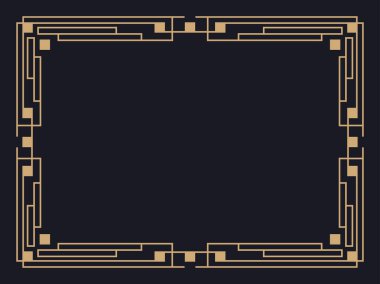 Art deco çerçeve. Klasik doğrusal sınır. Davetiyeler, broşürler ve tebrik kartları için bir şablon tasarla. Geometrik altın çerçeveli. 1920 'lerin tarzı - 1930' lar. Vektör illüstrasyonu