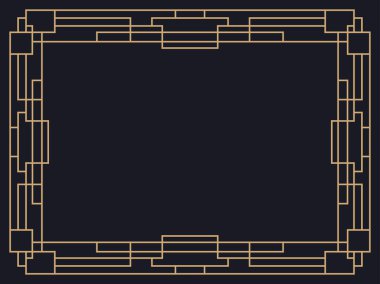 Art deco çerçeve. Klasik doğrusal sınır. Davetiyeler, broşürler ve tebrik kartları için bir şablon tasarla. Geometrik altın çerçeveli. 1920 'lerin tarzı - 1930' lar. Vektör illüstrasyonu