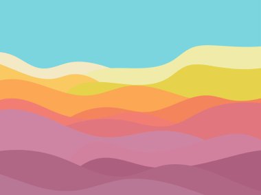 Minimalist tarzında kum tepeleri olan çöl manzarası. Düz dizayn. Parmak izleri, posterler ve iç tasarım için boho dekoru. Orta Çağ modern dekoru. Vektör illüstrasyonu