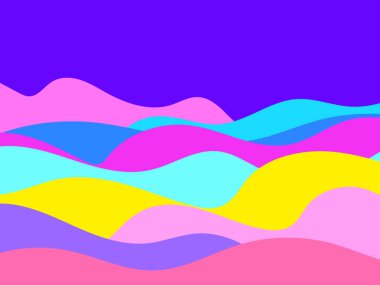 Minimalist tarzda renkli bir manzara. Düzlükler ve dağlar, tarlalar ve çayırlar. Parmak izleri, posterler ve iç tasarım için tipografik boho dekoru. Yüzyılın ortalarında modern dekorasyon. Vektör illüstrasyonu