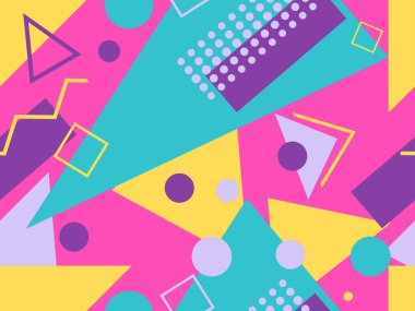 Memphis elementleriyle birlikte 80 'lerin geometrik kusursuz deseni. Kağıt, reklam materyali ve kumaş basmak için modaya uygun bir geçmişe dönüş. Vektör illüstrasyonu