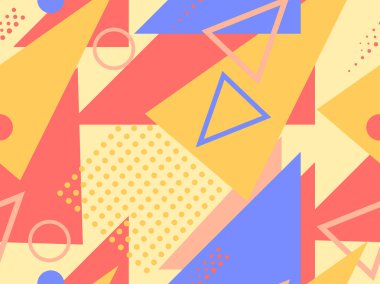 Memphis elementleriyle birlikte 80 'lerin geometrik kusursuz deseni. Kağıt, reklam materyali ve kumaş basmak için modaya uygun bir geçmişe dönüş. Vektör illüstrasyonu