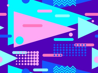 Memphis elementleriyle birlikte 80 'lerin geometrik kusursuz deseni. Kağıt, reklam materyali ve kumaş basmak için modaya uygun bir geçmişe dönüş. Vektör illüstrasyonu