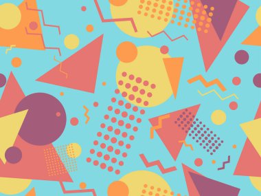 Memphis elementleriyle birlikte 80 'lerin geometrik kusursuz deseni. Kağıt, reklam materyali ve kumaş basmak için modaya uygun bir geçmişe dönüş. Vektör illüstrasyonu
