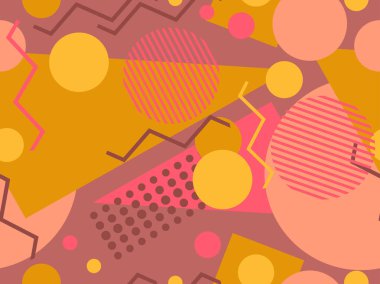 Memphis elementleriyle birlikte 80 'lerin geometrik kusursuz deseni. Kağıt, reklam materyali ve kumaş basmak için modaya uygun bir geçmişe dönüş. Vektör illüstrasyonu