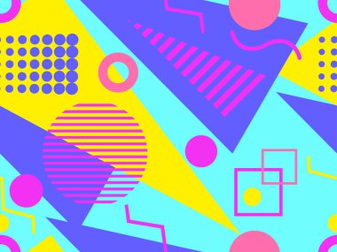 Memphis elementleriyle birlikte 80 'lerin geometrik kusursuz deseni. Kağıt, reklam materyali ve kumaş basmak için modaya uygun bir geçmişe dönüş. Vektör illüstrasyonu