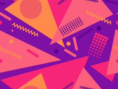 Memphis elementleriyle birlikte 80 'lerin geometrik kusursuz deseni. Kağıt, reklam materyali ve kumaş basmak için modaya uygun bir geçmişe dönüş. Vektör illüstrasyonu