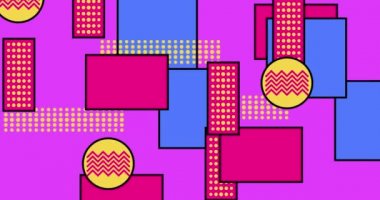 80 'lerin Memphis tarzında geometrik figürler, geometri uçuşu. Canlandırılmış soyut arkaplan. Yatay bileşim, 4k video kalitesi