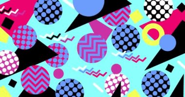 Dairelerin içinde 80 'lerin geometrik şekli bir döngü içinde dönüyor. Hareket animasyonunu büyüt ve büyüt. Yatay bileşim, 4k video kalitesi