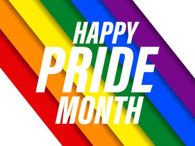 Gökkuşağı çizgili arka plan ile ilgili gurur dolu bir ay metni. LGBT bayrağı. Hoşgörü ve sevgi. Cinsel azınlıkların, eşcinsellerin ve lezbiyenlerin, transseksüellerin festivali. Pankart ve poster için tasarım. Vektör illüstrasyonu