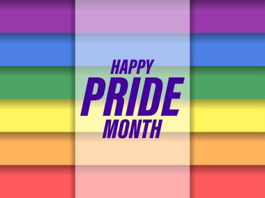 Gökkuşağı çizgili arka plan ile ilgili gurur dolu bir ay metni. LGBT bayrağı. Hoşgörü ve sevgi. Cinsel azınlıkların, eşcinsellerin ve lezbiyenlerin, transseksüellerin festivali. Pankart ve poster için tasarım. Vektör illüstrasyonu