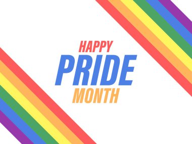 Gökkuşağı çizgili arka plan ile ilgili gurur dolu bir ay metni. LGBT bayrağı. Hoşgörü ve sevgi. Cinsel azınlıkların, eşcinsellerin ve lezbiyenlerin, transseksüellerin festivali. Pankart ve poster için tasarım. Vektör illüstrasyonu