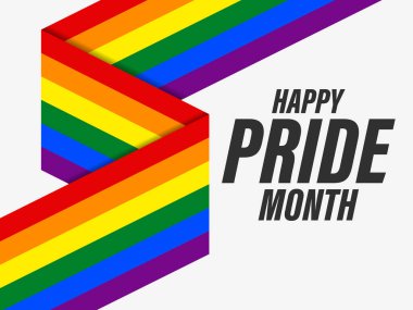 Gökkuşağı çizgili arka plan ile ilgili gurur dolu bir ay metni. LGBT bayrağı. Hoşgörü ve sevgi. Cinsel azınlıkların, eşcinsellerin ve lezbiyenlerin, transseksüellerin festivali. Pankart ve poster için tasarım. Vektör illüstrasyonu