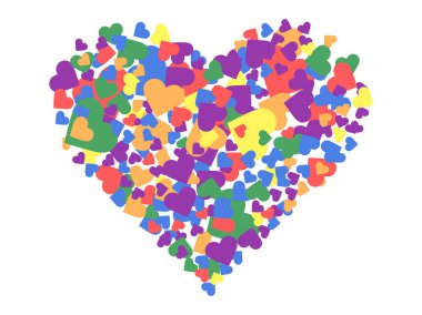 lgbt gökkuşağı renginde küçük kalplerden yapılmış bir kalp. Cinsel azınlıkların, eşcinsellerin ve lezbiyenlerin, transseksüellerin festivali. Pankart ve poster için tasarım. Vektör illüstrasyonu