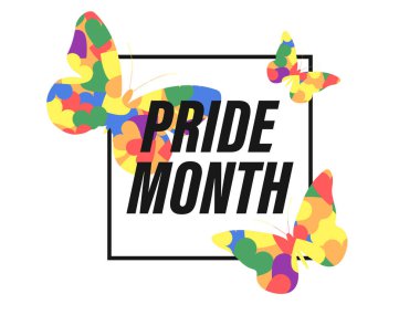 Gökkuşağı kelebekleriyle çerçevelenmiş. LGBT gurur ayı. Hoşgörü ve sevgi. Cinsel azınlıkların, eşcinsellerin ve lezbiyenlerin, transseksüellerin festivali. Pankart ve poster için tasarım. Vektör illüstrasyonu