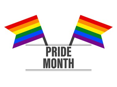 Gökkuşağı bayraklı gurur dolu bir ay mesajı. LGBT Onur Haziranı. Hoşgörü ve sevgi. Cinsel azınlıkların, eşcinsellerin ve lezbiyenlerin, transseksüellerin festivali. Pankart ve poster için tasarım. Vektör illüstrasyonu