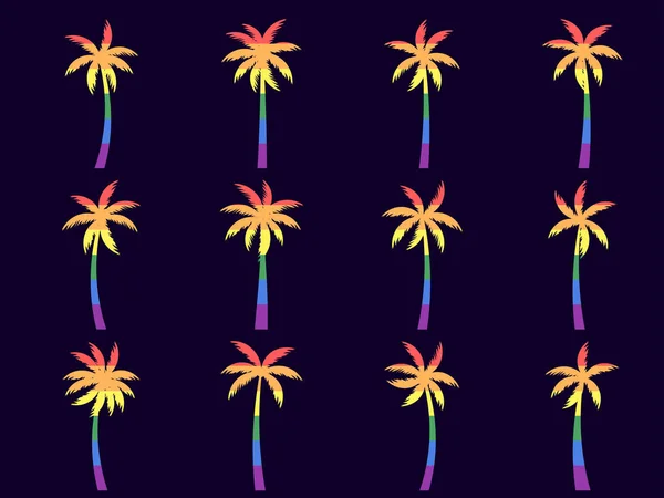 Set Rainbow Palm Tree Isolated Black Background Large Collection Palm — Διανυσματικό Αρχείο