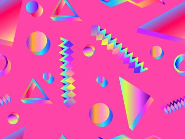 80 'lerin tarzında bir gradyanı olan 3 boyutlu geometrik kusursuz desen. Geometrik elementler memphis. Afişler, tanıtım malzemeleri, paket kağıtları ve kitapçıklar için arka plan. Vektör illüstrasyonu