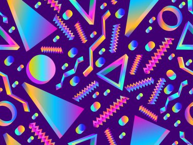 80 'lerin tarzında bir gradyanı olan 3 boyutlu geometrik kusursuz desen. Geometrik elementler memphis. Afişler, tanıtım malzemeleri, paket kağıtları ve kitapçıklar için arka plan. Vektör illüstrasyonu