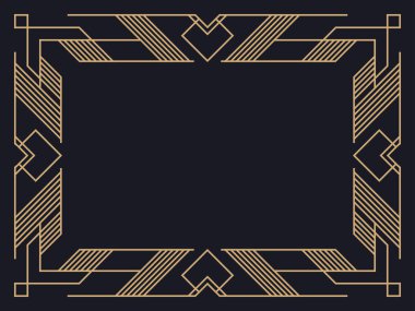 Art deco çerçeve. Klasik doğrusal sınır. Davetiyeler, broşürler ve tebrik kartları için bir şablon tasarla. Geometrik altın çerçeveli. 1920 'lerin tarzı - 1930' lar. Vektör illüstrasyonu