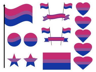 Biseksüel gurur sembolleri koleksiyonu. Kalpler, yıldızlar ve biseksüel bayraklı daireler. Cinsel azınlıklar. Pankart ve poster için tasarım. Vektör illüstrasyonu