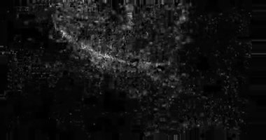 Uçan soyut parçacıklar. Bokeh etkisi. Siyah ve beyaz parçacıklar uçar. Yatay bileşim, 4k video kalitesi