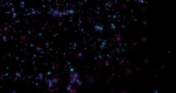 抽象的な粒子が飛んでいる ボケ効果 多色の粒子が黒い背景を飛んでいます 水平成分 4Kビデオ品質 — ストック動画