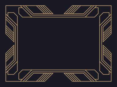 Art deco çerçeve. Klasik doğrusal sınır. Davetiyeler, broşürler ve tebrik kartları için bir şablon tasarla. Geometrik altın çerçeveli. 1920 'lerin tarzı - 1930' lar. Vektör illüstrasyonu