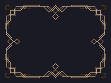 Art deco çerçeve. Klasik doğrusal sınır. Davetiyeler, broşürler ve tebrik kartları için bir şablon tasarla. Geometrik altın çerçeveli. 1920 'lerin tarzı - 1930' lar. Vektör illüstrasyonu