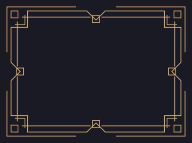 Art deco çerçeve. Klasik doğrusal sınır. Davetiyeler, broşürler ve tebrik kartları için bir şablon tasarla. Geometrik altın çerçeveli. 1920 'lerin tarzı - 1930' lar. Vektör illüstrasyonu