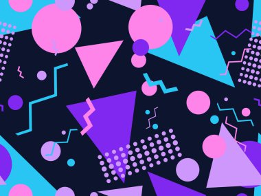 Memphis elementleriyle birlikte 80 'lerin geometrik kusursuz deseni. Kağıt, reklam materyali ve kumaş basmak için modaya uygun bir geçmişe dönüş. Vektör illüstrasyonu