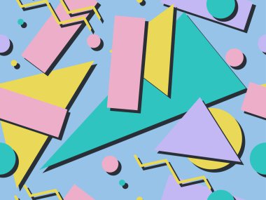 Memphis elementleriyle birlikte 80 'lerin geometrik kusursuz deseni. Kağıt, reklam materyali ve kumaş basmak için modaya uygun bir geçmişe dönüş. Vektör illüstrasyonu