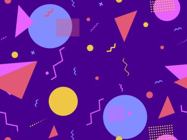 Memphis elementleriyle birlikte 80 'lerin geometrik kusursuz deseni. Kağıt, reklam materyali ve kumaş basmak için modaya uygun bir geçmişe dönüş. Vektör illüstrasyonu