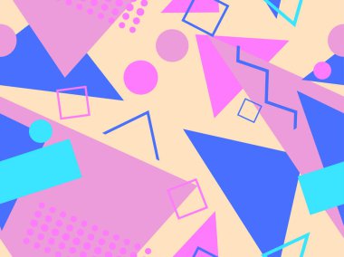 Memphis elementleriyle birlikte 80 'lerin geometrik kusursuz deseni. Kağıt, reklam materyali ve kumaş basmak için modaya uygun bir geçmişe dönüş. Vektör illüstrasyonu