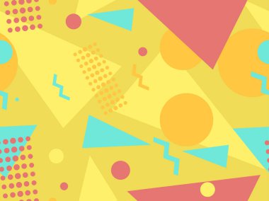 Memphis elementleriyle birlikte 80 'lerin geometrik kusursuz deseni. Kağıt, reklam materyali ve kumaş basmak için modaya uygun bir geçmişe dönüş. Vektör illüstrasyonu