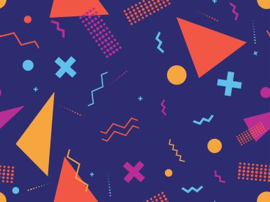 Memphis elementleriyle birlikte 80 'lerin geometrik kusursuz deseni. Kağıt, reklam materyali ve kumaş basmak için modaya uygun bir geçmişe dönüş. Vektör illüstrasyonu